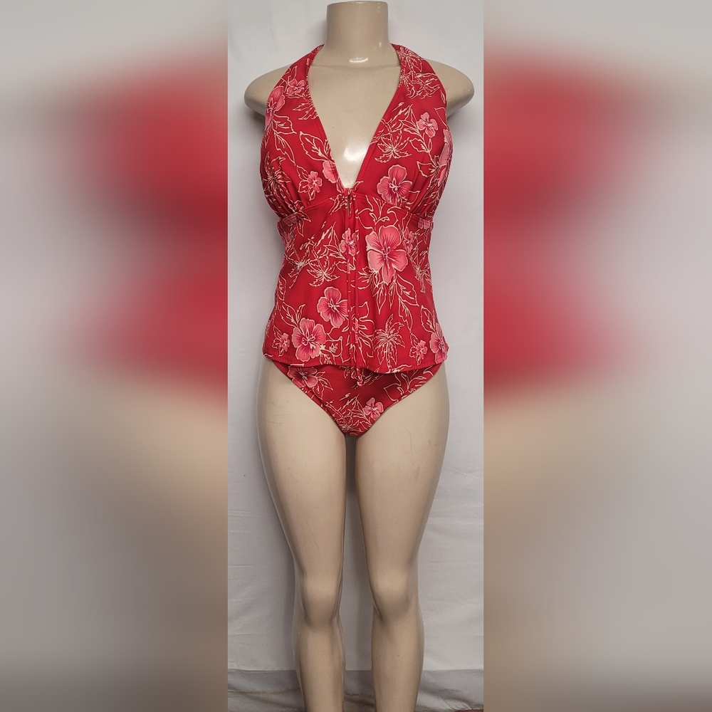 I.F. 3 Piece Bathing Suit Top Bottoms Skirt Red Floral Padded CLEAN 22W 2X Plus